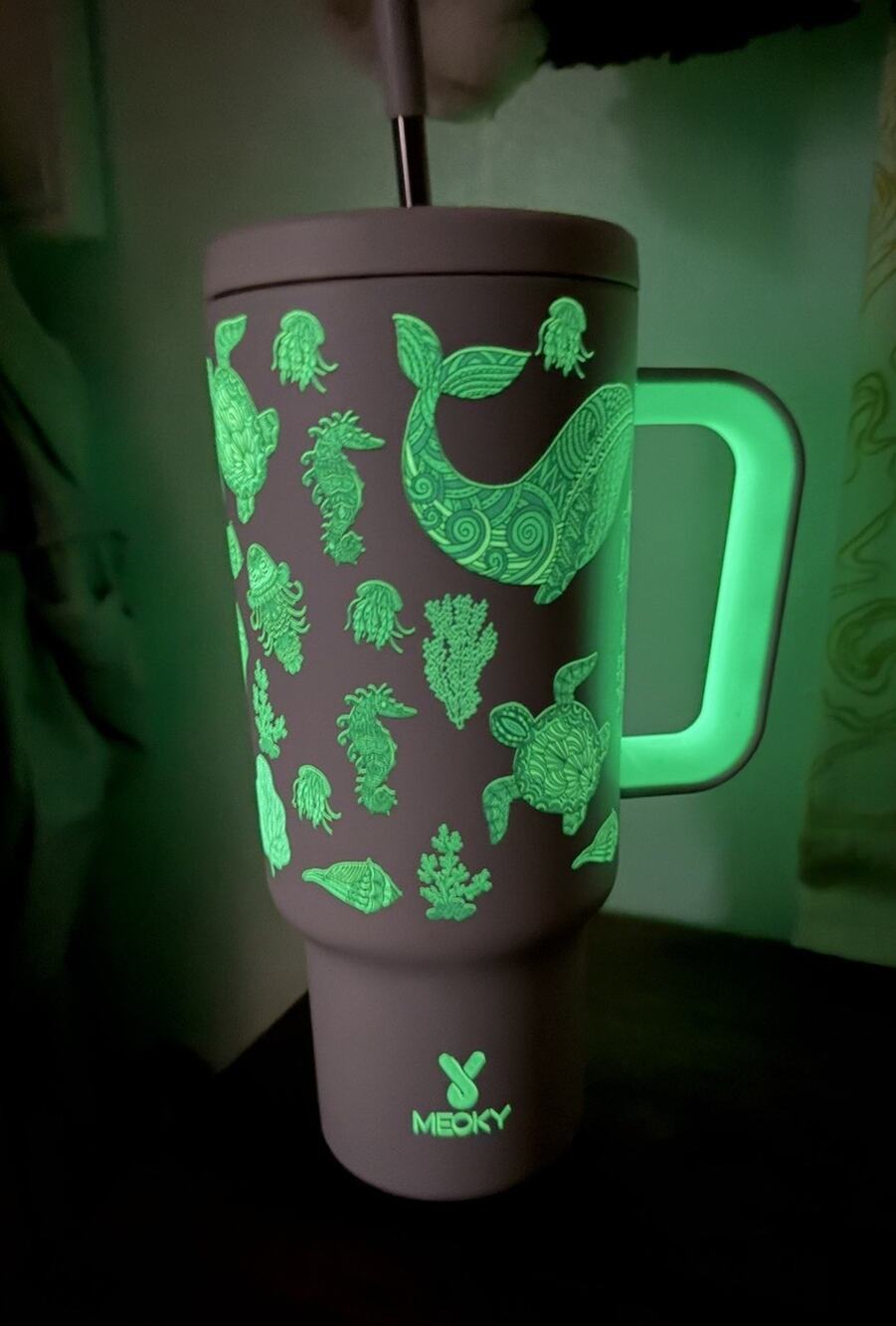 Meoky 40oz Glow Dark Tumbler w/ Handle & Straw, Lid - Sea Life Insulated